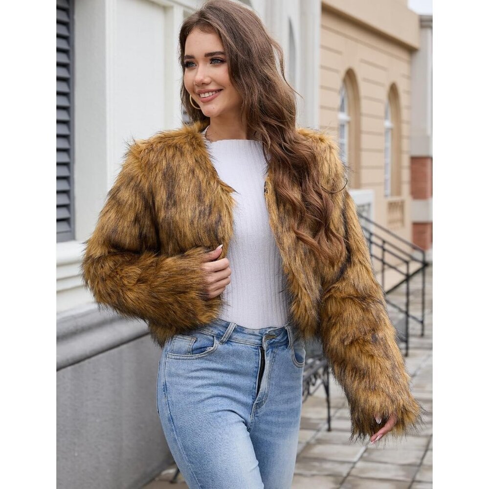 Women's Brown Gihuo Cropped Faux Fur Coat Open Front Fleece Winter Jacket - Picture 3 of 7